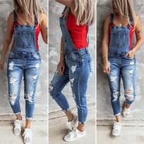Ladies Bib Trousers With Holes And Washed Slim Fit Trousers Bib Trousers S šviesiai mėlyna spalva