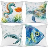 Watercolor Marine Life Pillow Covers Seahorse Sea Turtle Crab & Fish Art Decorative Throw Pillow Cases Nautical Beach Home Decor Peach skin 18*18(CM)-1Pcs