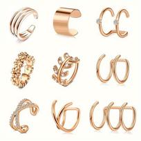 Nerūdijančio plieno auskarų manžetės neįvertoms ausims, 9vnt Rosegold rinkinys