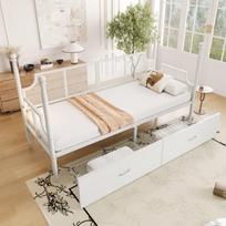Eiseninė lova-sofa 90x200, tinklelis atlošas ir porankiai, baltas, metalo rėmas su lentynėlėmis