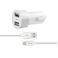 Budi BD622LW automobilinis įkroviklis su 2 USB-A jungtimis, su LED indikatoriumi, su Lightning laidu