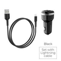 Borofone BZ13 Extreme automobilinis įkroviklis su 2 USB-A jungtimis, 12 W, su Lightning laidu, juodas
