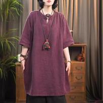 Women's Black Linen Tunic Top Half Sleeve Mandarin Collar Loose Casual Shirt XS