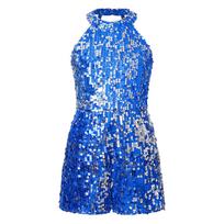 Girls Jazz Dance Costume Halter Shiny Sequins Leotard Sleeveless Short Jumpsuit Stage Performance Clothes 5-6 Years