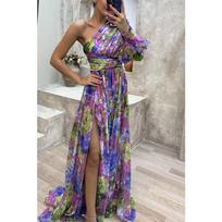 Autumn party new casual split dress, loose multi-color slanted shoulder dress S