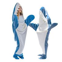Cute Shark Flannel Pajamas with Chest Pads - Wearable Home & Office One-Piece Outfit M (150cm)
