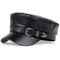 Sailor Autumn Spring Hat Leather Buckle Belt Large Women Fashionable Trendy Hats Black Ladies Beret Caps Men Flat Top Captain Military Caps