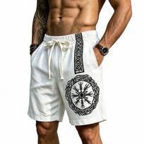 Men Nordic Viking Totem Print Drawstring Waist Casual Linen Blend Shorts S