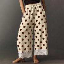Women's Casual Color Elastic Waist Wide Leg Pants with Lace Hem - Loose Fit Stretchy Waistband Trousers for Daily Wear, , and Spring Summer Fall S