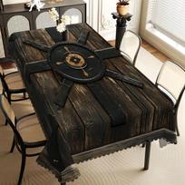 Viking Shield & Wood Grain Tablecloth, Rustic Medieval Style, Scalloped Edge, Stain Resistant, for Dining Room & Man Cave Decor 90x140cm