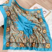 Bohemia Luxury 90cm Square Silk Hijab Scarf Women Neckerchief Female Headband Hair Bands Print Scarves Foulard Wrap Bandana 90x90cm blue