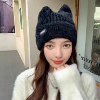 New Women Cute Cat Ear Winter Hat Fashion Faux Fur Knitted Hat Kpop Style Soft Beanie Hats Female Candy Colors Streetwear Cap KTB 56cm-58cm