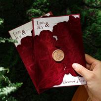 Luxurious Burgundy Velvet Western Wedding Invitation with Wax Seal brown