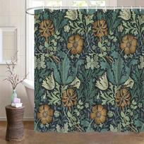 1pc William Morris Printed Shower Curtain with Hooks -  Dark Green & Golden Floral Design, Bathroom Decor for Bathtub & Home 90X180CM