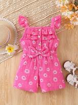 Summer girls' one-piece pants, small and fresh frilled short pants, one-piece dress for little kids, casual and refreshing daisy pants for young girls 18-24M