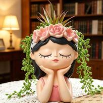 Cute Girl Planter Pot Resin Girl Statue for Indoor Outdoor Plants A