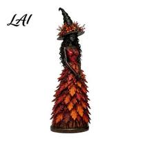 Indoor Fireplace Decorative Statues Autumn Witch Figurine Halloween Fall Tabletop Statue with Leaf Spooky Party Decoration Gown Seasonal Resin 12Inch A