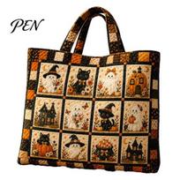 Cute Halloween Theme Purse Quilted Tote Bag, Pumpkin Ghost Cat Print Shoulder Lightweight Commuter Polyester Reusable Handbag for Casual Daily Use Bag F
