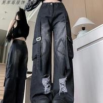 American Retro Black Denim Trousers Female Cargo Pocket Wide Leg Pants High Street Ripped Distressed Buckle Decoration Jeans New S