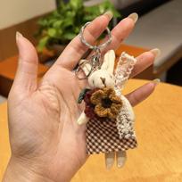 Cute Fabric Bunny Bag Charm, Handmade Plush Rabbit Keychain with Flower Dress & Braided Rope