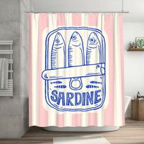 Sardine-Inspired Fashionable Shower Curtain With Hooks - Removable, Pink & White Striped Design With Fish Illustration W60H190(CM)-1 Pcs