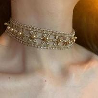 Elegant Apocalyptic Style Choker with Gold Thread Embroidered Flower Beaded Collar Necklace Bohemian Fabric Jewelry for Women