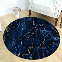 Plush Blue Gold Round Mat, Comfortable Low Pile Carpet, Abstract Artistic Design for Living Room, Washable Non-Slip Decor Diameter 60cm