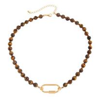 Tiger Eye Bead Choker, Beaded Necklace with Adjustable Chain, Retro Golden Brown Stone Jewelry for Women Date Party Office 1pc