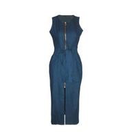 Women Sexy Sleeveless Front Pocket Belt Zipper Slit Slim Fit Bodycon Denim Dress S