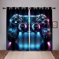 Set Of 2 Cartoon Gaming Play Station Window Curtain Living Room Bedroom Boys Decor Gamer Teens Kids Playing Video Game For Sitting Made Polyester W100*H130(CM)-Hooks&2PCS