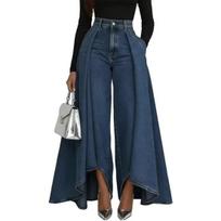 Women Pants High Waist Buttons Zipper Closure Denim Pants with Pockets Irregular Large Hem Wide Leg Solid Color Casual Trousers M