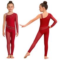 Girls Asymmetrical Figure Skating Jumpsuit Back Invisible Zipper Mesh Patchwork Sparkly Rhinestones Bodysuit 5-6 Years