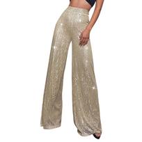Women's High-Waisted Red Sequin Wide-Leg Pants Sparkling Party Trousers for Evening, Dance, and Special Occasions L
