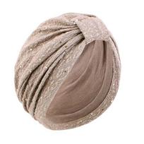 Turban Hat for Women, Sequined Crepe Fabric Headwrap, Ethnic Style Knotted Front Headwrap for All Face Shapes chaki