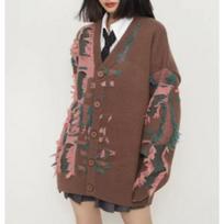 Autumn Winter New Lazy Style Korean Leopard Print Knit Cardigan Hooded Versatile Long Sleeve Sweater Coat M