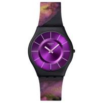 SWATCH PAINTED PARADISE serijos kvarcinis mechanizmas 30 metrų atsparumas vandeniui unisex laikrodis 34mm violetinis ciferblatas biosource medžiagos korpusas silikoninis dirželis SS08B106 violetinė