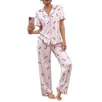 Women Heart Print Pajama Sets Cardigan+Long Pants Two Pieces Suits Summer Lady Casual Home Clothes Female Milk Silk Sleepwear S
