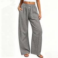 Women's Loose Fit Wide Leg Pants with Elastic Waist and Button Pockets Plaid Print Casual Trousers L