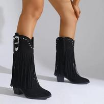 Fashion Cow Suede Tassel Ethnic Modern Boots Mid-calf Zip Pointed Toe Shoes Female 2025 Hot Sale High Heel Solid Novelty Women's Boots 36
