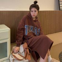 New Autumn and Winter Fat MM Lazy Style Loose and Slim Plus Velvet Thick Hooded Over-knee Long Sweatshirt Dress for Women One size