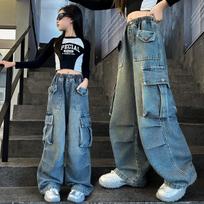 Girls' Spring/Fall Workwear Pants Large & Medium Sizes, Loose-Fit Straight-Leg Wide-Leg Jeans, Kids' Multi-Pocket Streetwear Hip-Hop Style Pants 120