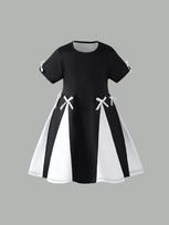 Girls' Preppy-Style Dress: Simple & Cute Black-and-White Color-Block Design with 3D Bow Accent — Round Neck, Short Sleeve (Spring/Summer) 2-3Y