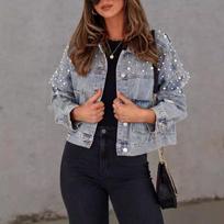 Women Fall Casual Denim Jacket Back Star Print Long Sleeve Turn-down Collar Button Pearls Coat Streetwear Denim Jacket Women XS