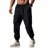 Men’s Linen Jogger Pants Wide Leg Outdoor Sports Cargo Pants Casual Elastic Waist Drawstring Loose Fit Trousers with Pockets L