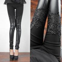 Autumn Winter Women Slim Pu Leather Pants Female Patchwork Lace Leggings Fashion Sexy Pencil Trousers M