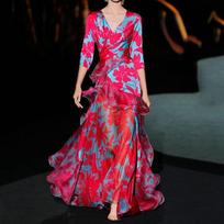 2025 Multi-layer V-neck Slim Dress - Maple Leaf Print for Women M