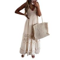 Beach Dress Hollow Out Lace Summer V Neck Long Dress for Party M