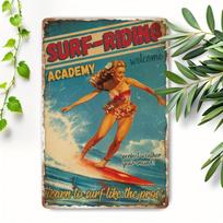 Vintage Surfing PinUp Girl Metal Tin Sign  Retro Surfboard Riding Woman Poster in Red Swimwear SurfRiding Academy Decoration 20x30cm（7.8x11.8inch）