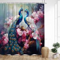 Green Peacocks Shower Curtains Branch Birds Feathers White Floral Leaves Chinese Style Polyester Fabric Bathroom Curtain Decor W60H190(CM)-1 Pcs