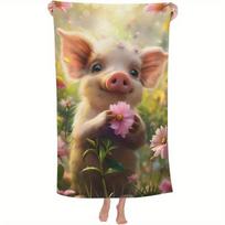 Beach Towel Cute Pig and Flower Pattern Sun Protection Windproof Suitable for Swimming Pool Camping Travel Blanket W40*H60(CM)